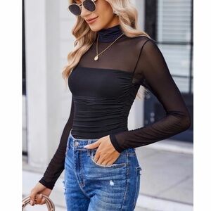 Black Sheer Mesh Turtleneck Bodysuit Long Sleeve Ruched Stretch Going Out Top